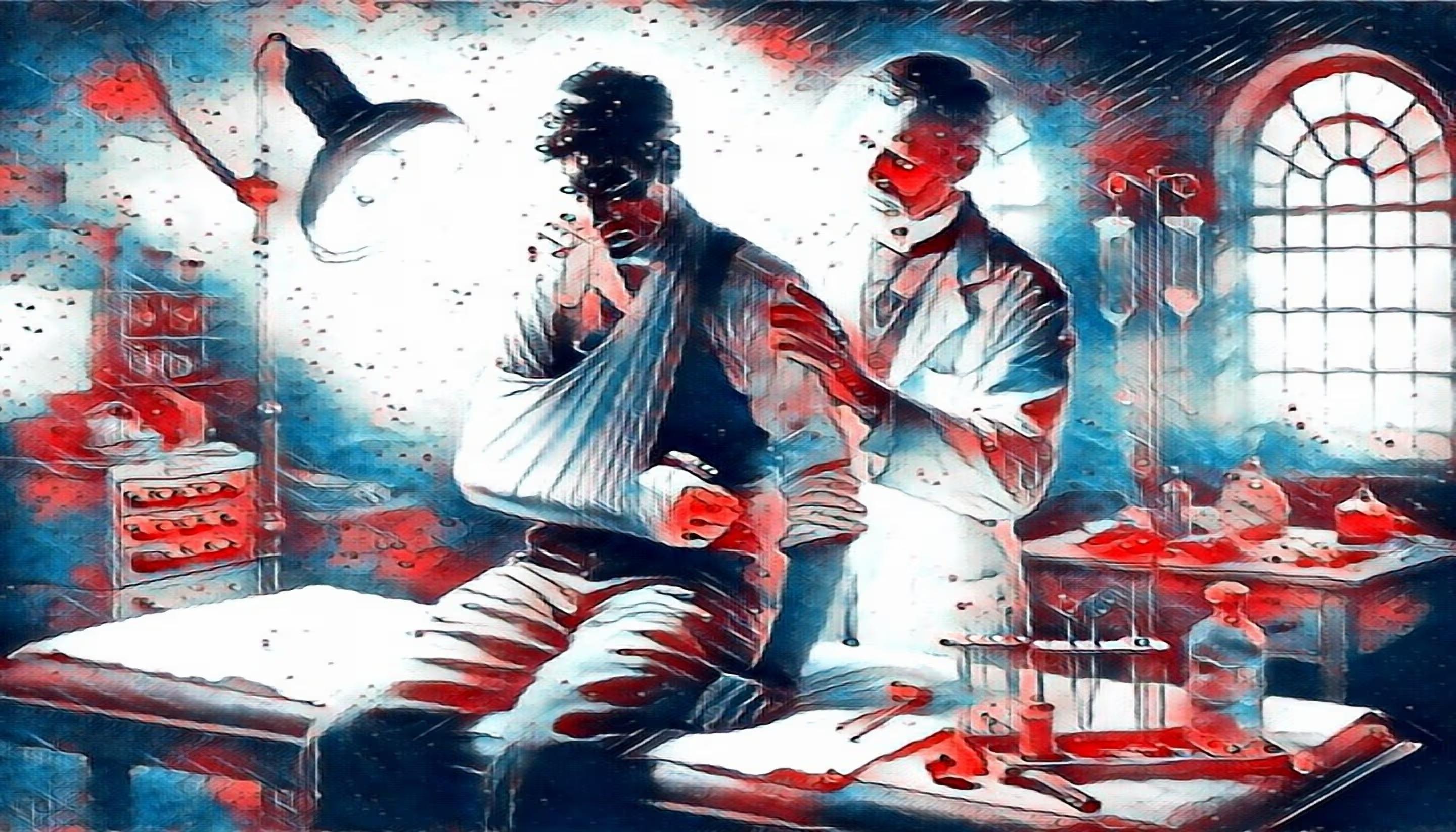 A doctor treating a man with a broken arm in a medical clinic using an examination lamp and IV equipment