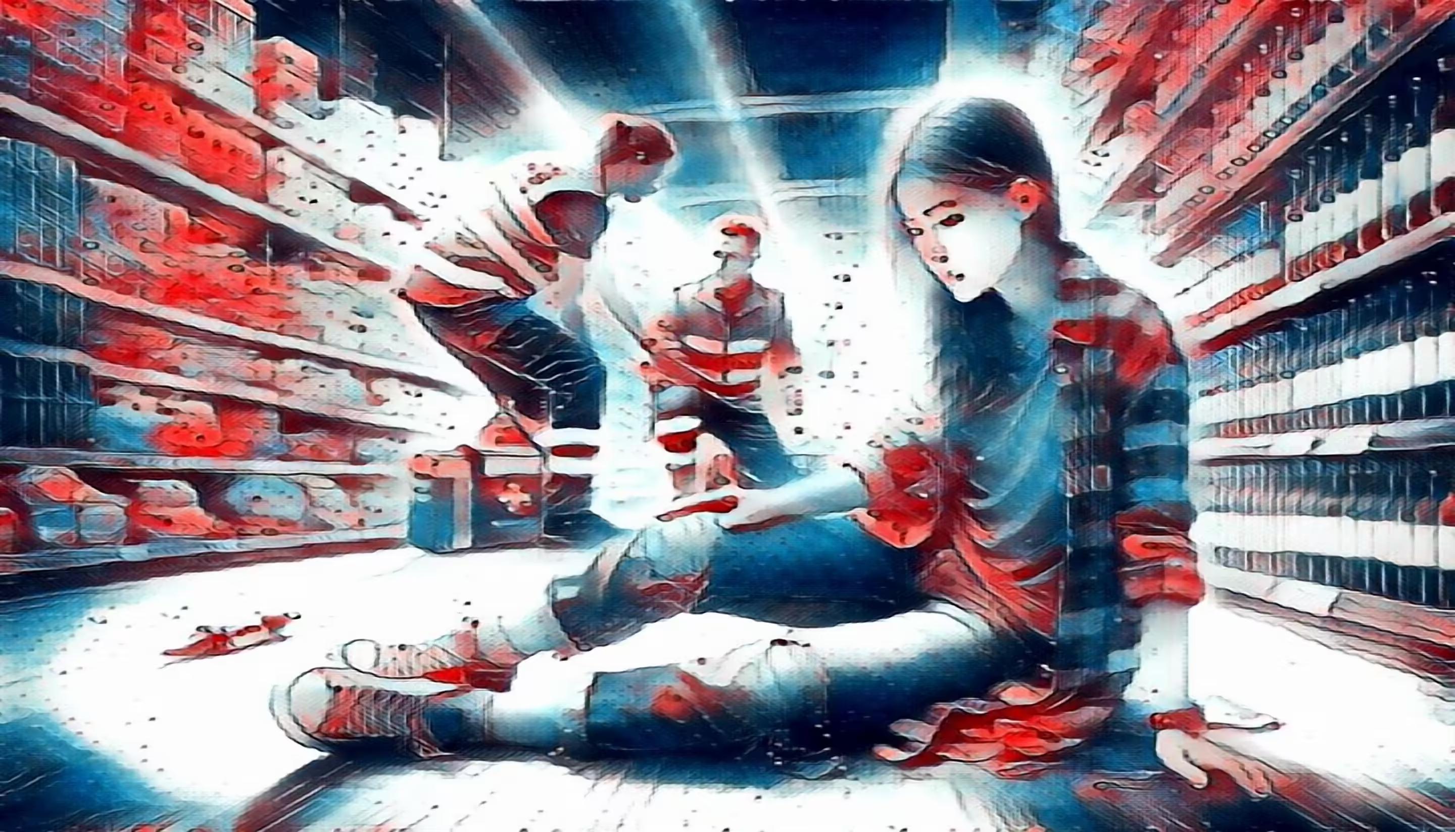 Accident in a grocery store aisle with emergency responders assisting a young woman injured a slip-and-fall incident