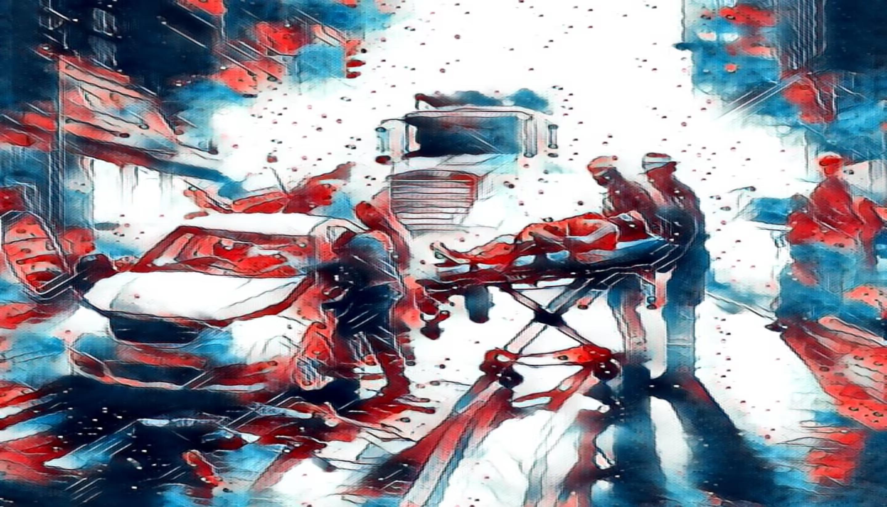Chaotic urban accident scene featuring emergency responders helping victims after a collision between a car and a truck
