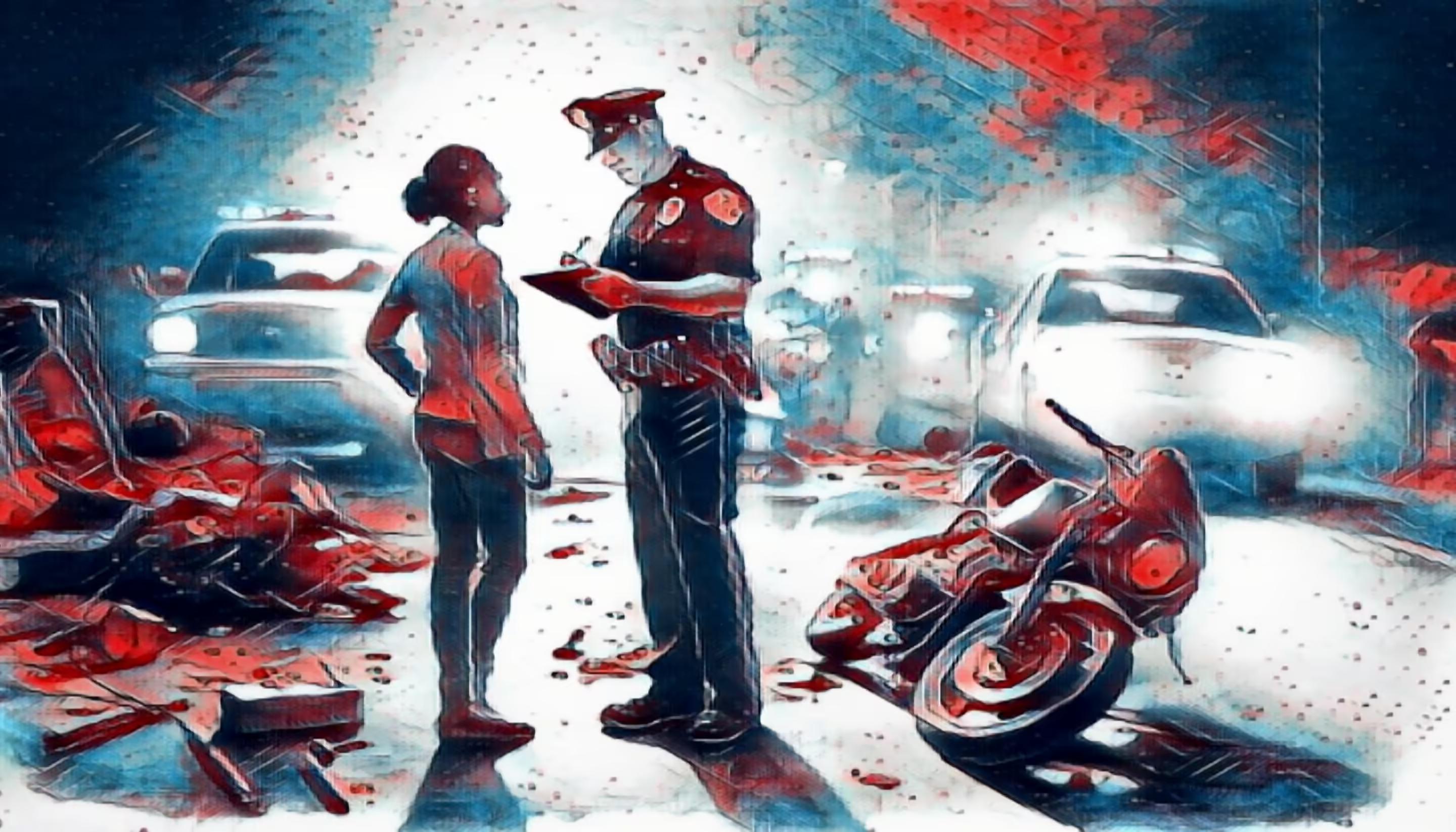 A rider giving report to a police officer at the scene of a motorcycle accident