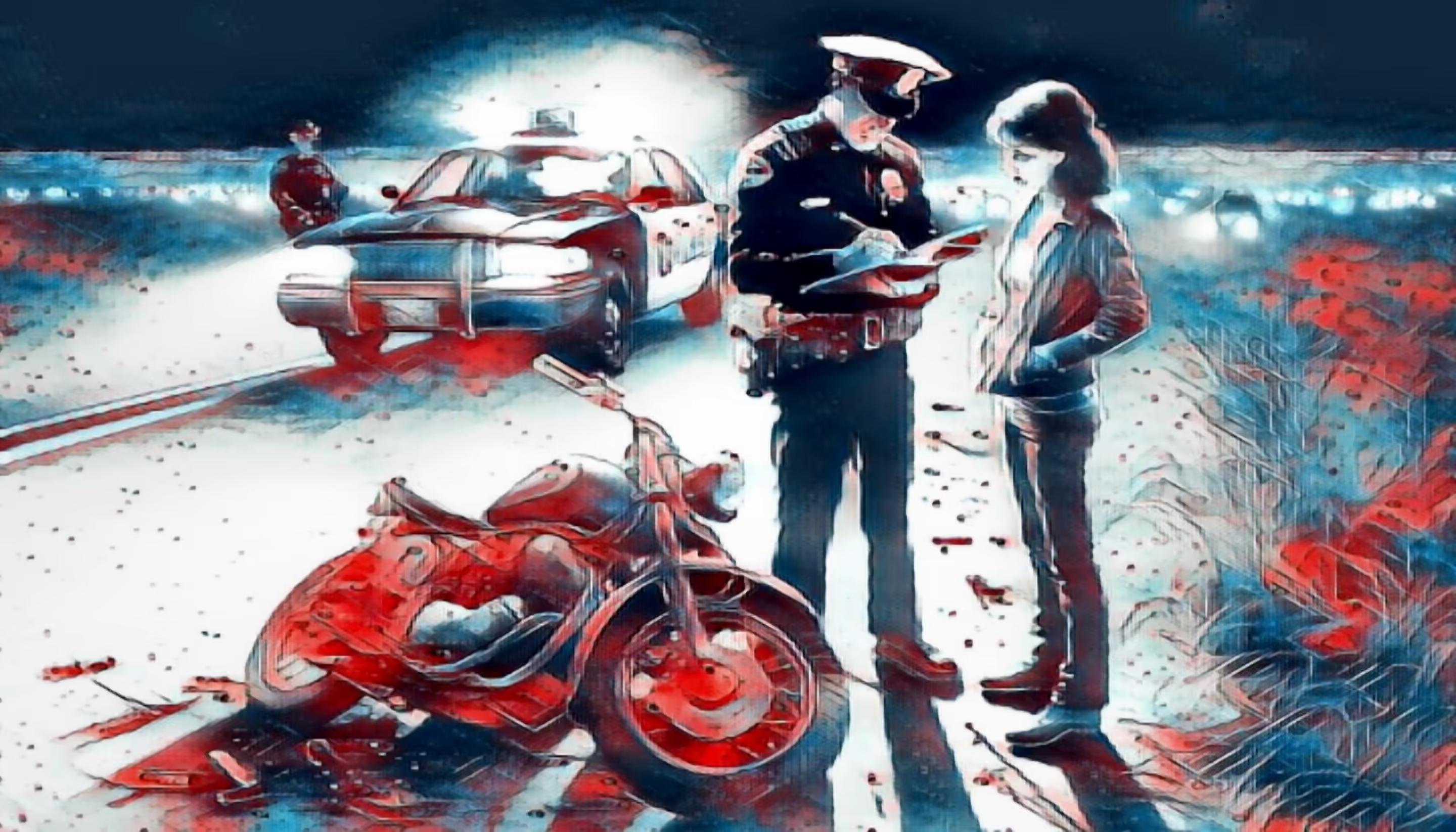 An accident witness giving evidence to a highway patrol officer at the scene of a motorcycle crash