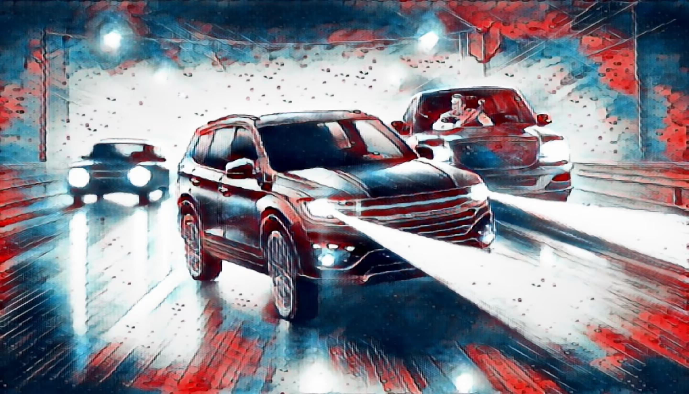 Intense nighttime highway scene showcasing vehicles involved in a potential accident with bright headlights illuminating the road