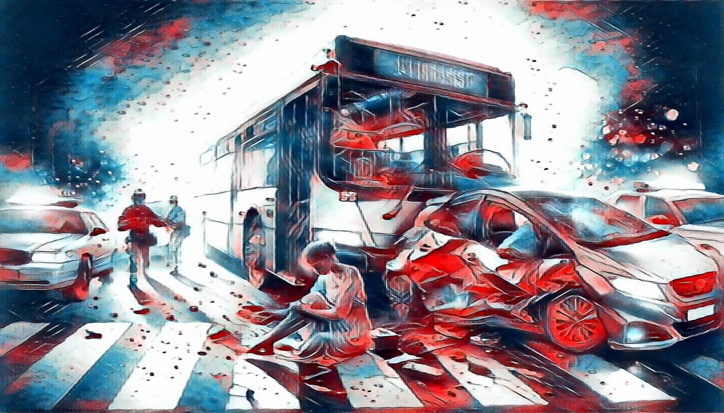 Dramatic depiction of a bus and car collision at night with emergency responders assisting at the scene in Los Angeles