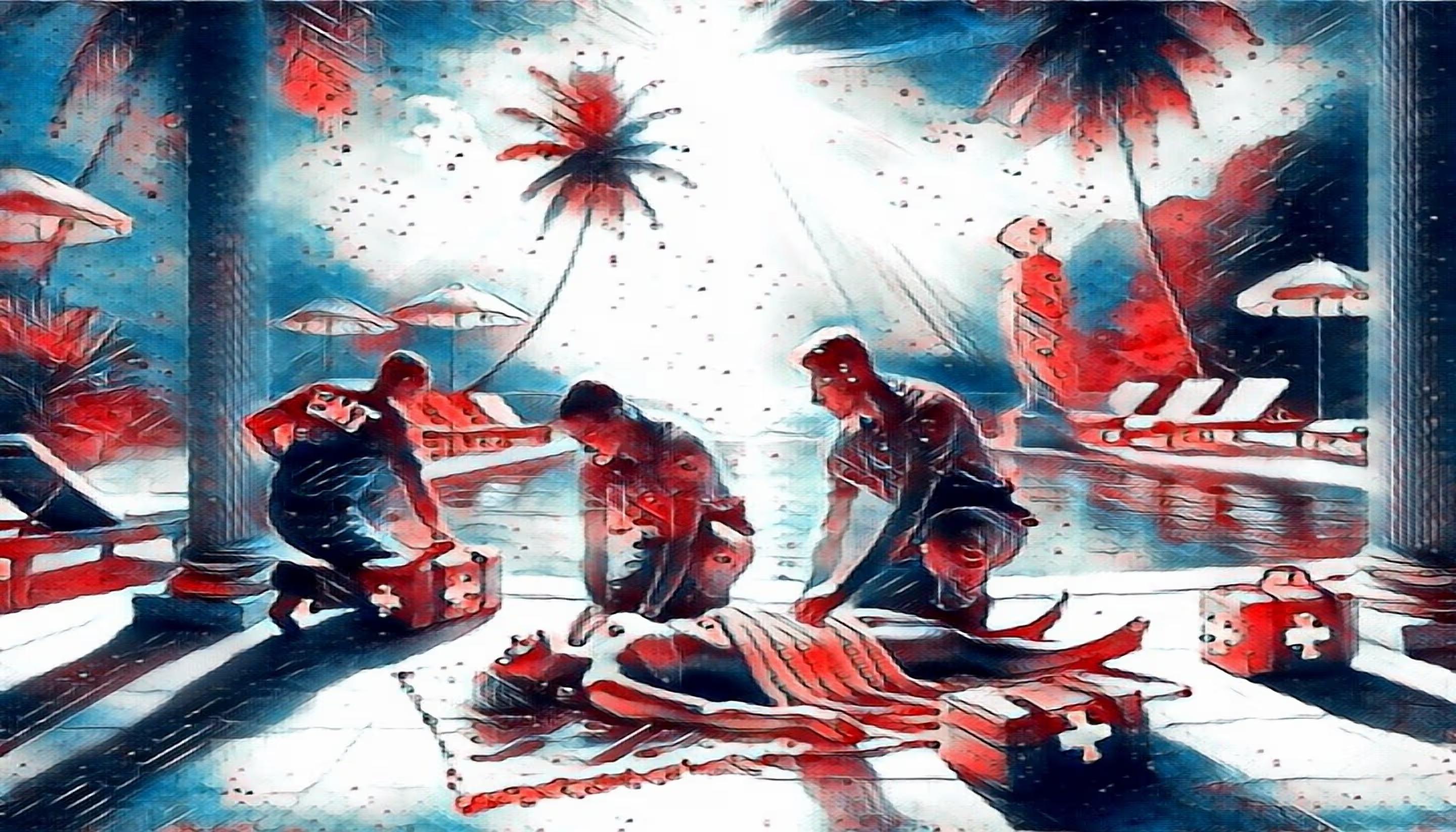 Emergency responders performing CPR on an injured woman with first aid kits nearby a resort pool